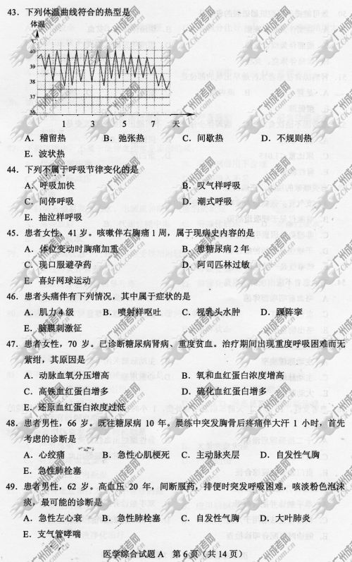 浙江省成人高考2014年统一考试专升本医学综合真题A卷