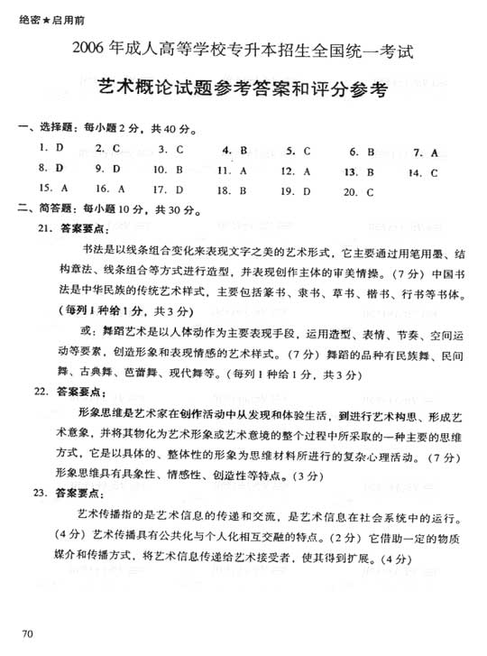 2006年成人高考专升本艺术概论试题及答案